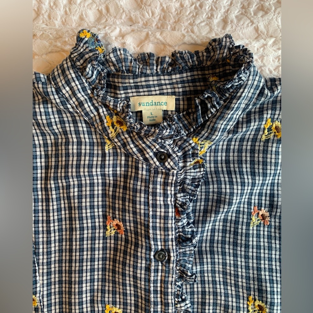 Sundance Navy Checkered Blouse with Floral Accents - Picture 4 of 16